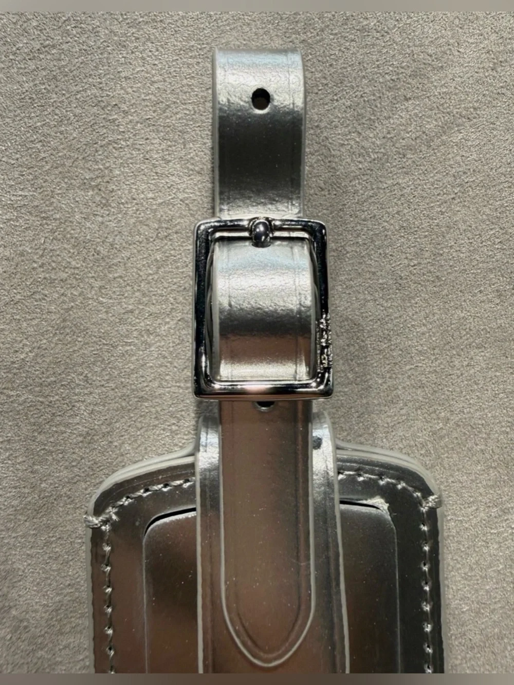 NEW Tumi 3.625” x 2.25” Leather Luggage Name Tag w/ Buckle - METALLIC SILVER